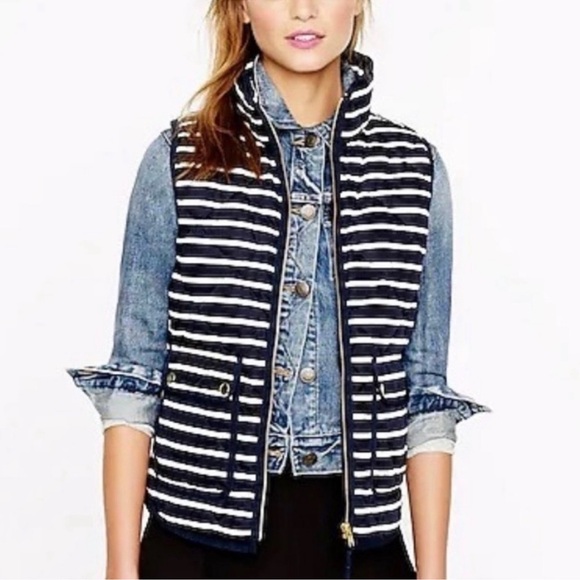 J. Crew Navy & White Striped, Mixed Blend Down Feather Puffer Vest - Picture 1 of 15